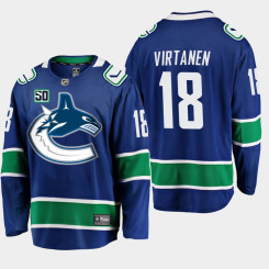 Men's Vancouver Canucks Jake Virtanen #18 Blue 50th Anniversary Home Player Jersey Men's Vancouver Canucks Jake Virtanen #18 Blue 50th Anniversary Home Player Jersey