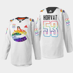 Bo Horvat Vancouver Canucks Pride Night 2022 White #53 Jersey Mio Artwork Warmup Bo Horvat Vancouver Canucks Pride Night 2022 White #53 Jersey Mio Artwork Warmup