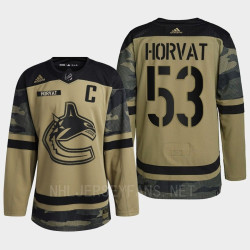 Bo Horvat Vancouver Canucks 2022 Armed Forces Green #53 Jersey Camo Warm-up