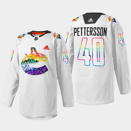 Elias Pettersson Vancouver Canucks Pride Night 2022 White #40 Jersey Mio Artwork Warmup Elias Pettersson Vancouver Canucks Pride Night 2022 White #40 Jersey Mio Artwork Warmup