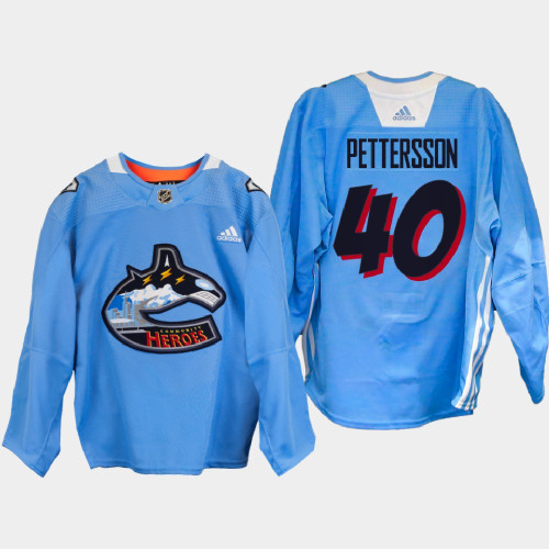 Elias Pettersson Vancouver Canucks Community Heroes 2022 Blue #40 Jersey Warm Up Elias Pettersson Vancouver Canucks Community Heroes 2022 Blue #40 Jersey Warm Up