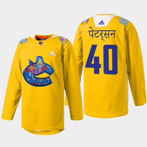 Elias Pettersson Vancouver Canucks Diwali Night 2022 Yellow #40 Jersey Warmup Elias Pettersson Vancouver Canucks Diwali Night 2022 Yellow #40 Jersey Warmup