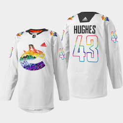 Women's Quinn Hughes Vancouver Canucks Pride Night 2022 White #43 Jersey Mio Artwork Warmup