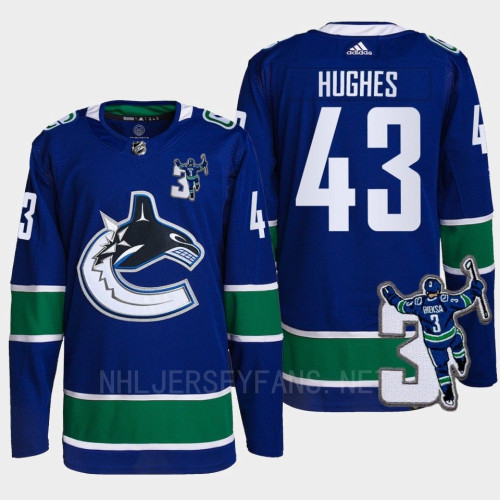 Quinn Hughes Kevin Bieska patch Vancouver Canucks Blue Jersey Home #43 Quinn Hughes Kevin Bieska patch Vancouver Canucks Blue Jersey Home #43