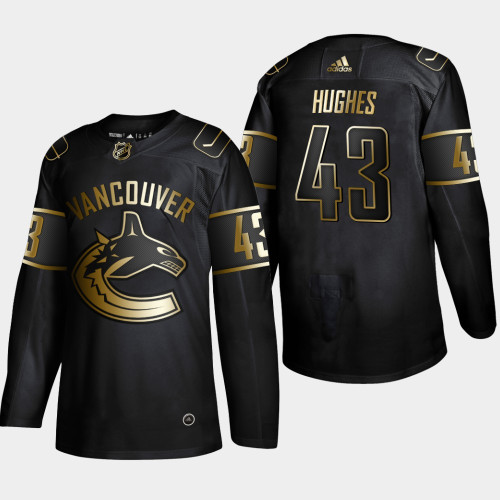 Men's Vancouver Canucks Quinn Hughes #43 Black NHL Golden Edition Authentic Player Jersey Men's Vancouver Canucks Quinn Hughes #43 Black NHL Golden Edition Authentic Player Jersey