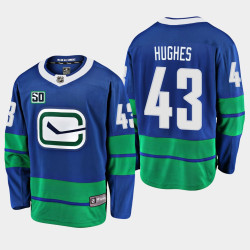 Men's Vancouver Canucks Quinn Hughes #43 50th Anniversary Blue Alternate Jersey Men's Vancouver Canucks Quinn Hughes #43 50th Anniversary Blue Alternate Jersey