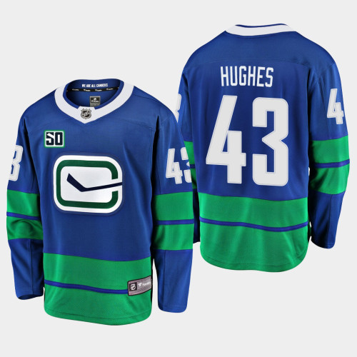Men's Vancouver Canucks Quinn Hughes #43 50th Anniversary Blue Alternate Jersey Men's Vancouver Canucks Quinn Hughes #43 50th Anniversary Blue Alternate Jersey