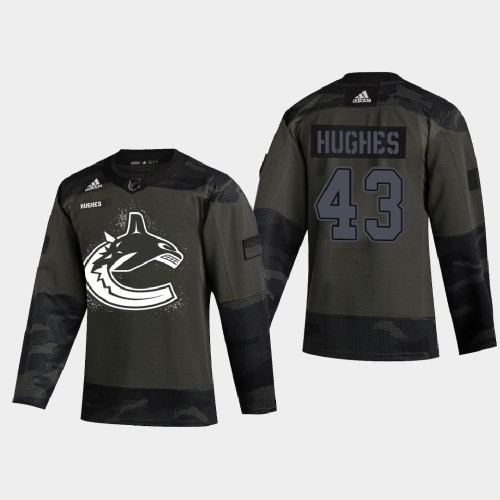 Men's Vancouver Canucks Quinn Hughes #43 2021 Armed Forces Night Warm-Up Camo Jersey Men's Vancouver Canucks Quinn Hughes #43 2021 Armed Forces Night Warm-Up Camo Jersey