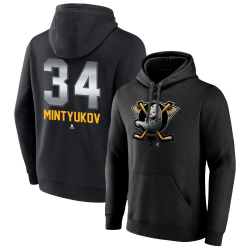 Men's Anaheim Ducks Black Midnight Mascot Logo Pavel Mintyukov #34 Player Pullover Hoodie